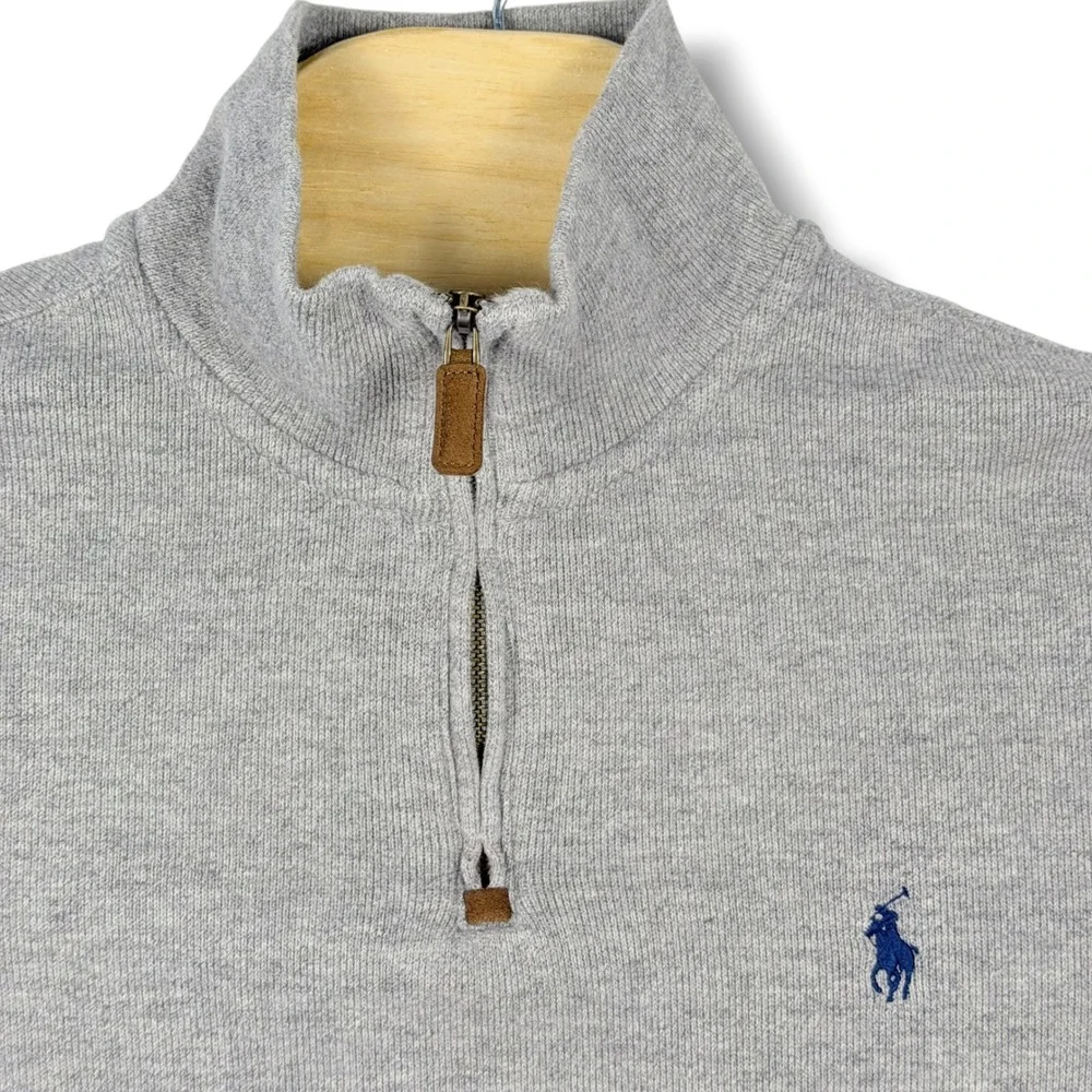 Polo Ralph Lauren Quarter Zip Men Small Gray Pullover Cotton Knit Sweater Pony